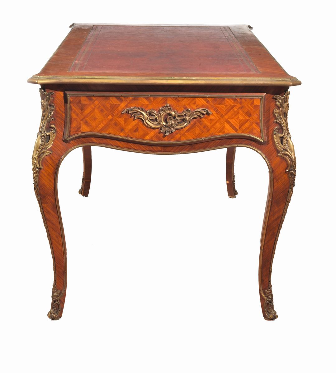 Bureau Plat francese da centro di linea Luigi XV in bois de rose ed ebano viola