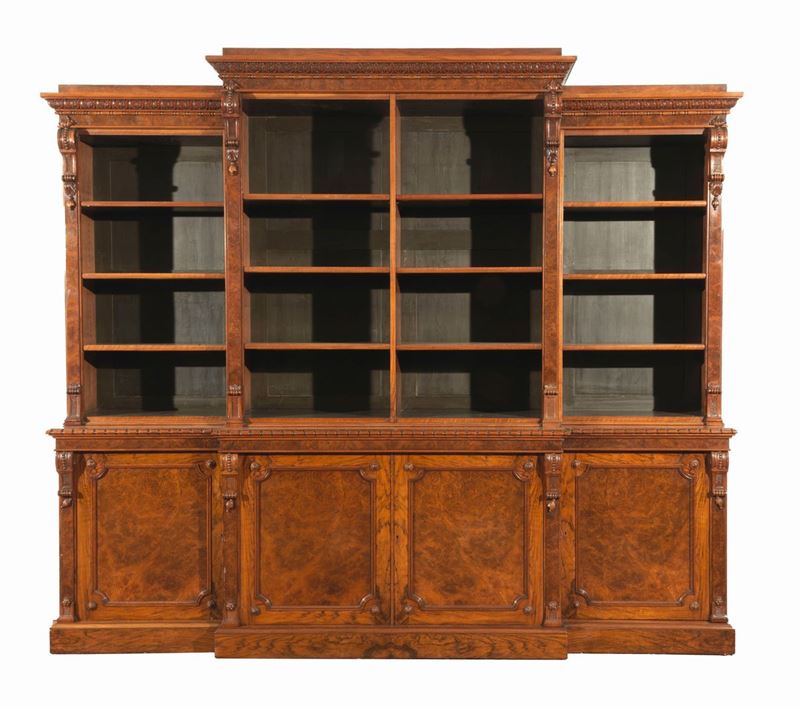 Antica grande libreria in noce e radica di noce