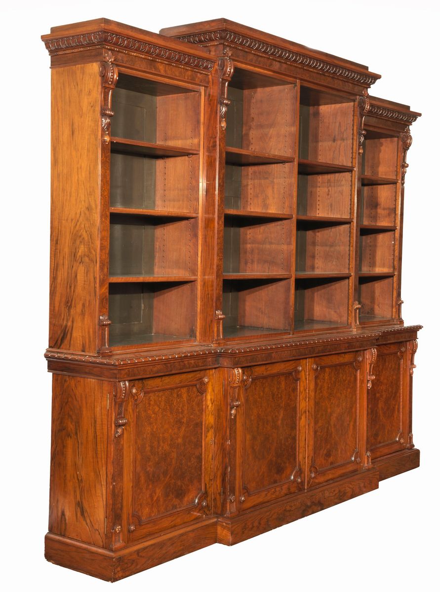 Antica grande libreria in noce e radica di noce