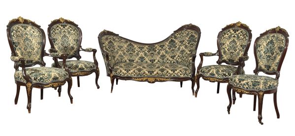 Antique Louis Philippe living room in rosewood and walnut with trimmings and friezes in gilded and chiseled bronze