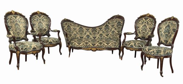 Antique Louis Philippe living room in rosewood and walnut with trimmings and friezes in gilded and chiseled bronze
