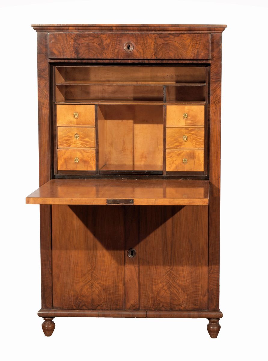 Antico secretaire toscano Luigi Filippo in noce e radica di noce