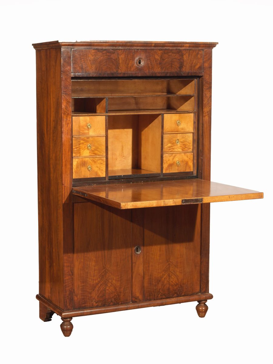 Antico secretaire toscano Luigi Filippo in noce e radica di noce