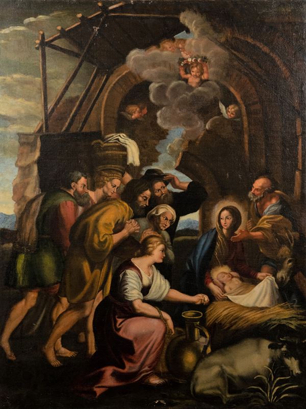 Pittore Bolognese Fine XVII Secolo - &quot;Nativity with the Adoration of the Shepherds&quot;