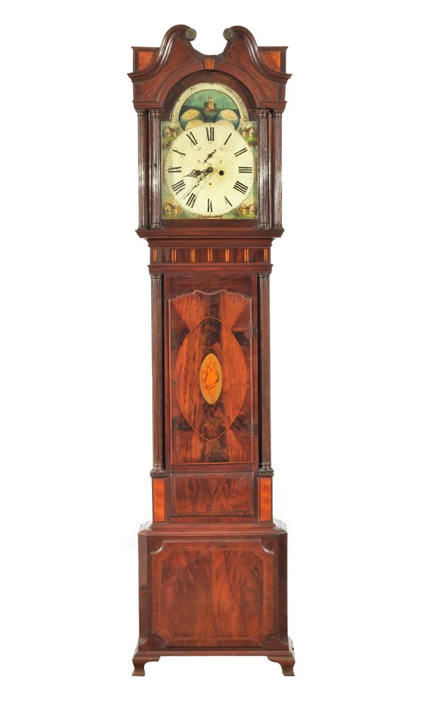 Antique Sheraton tower clock called "Grandfather" in mahogany and mahogany feather