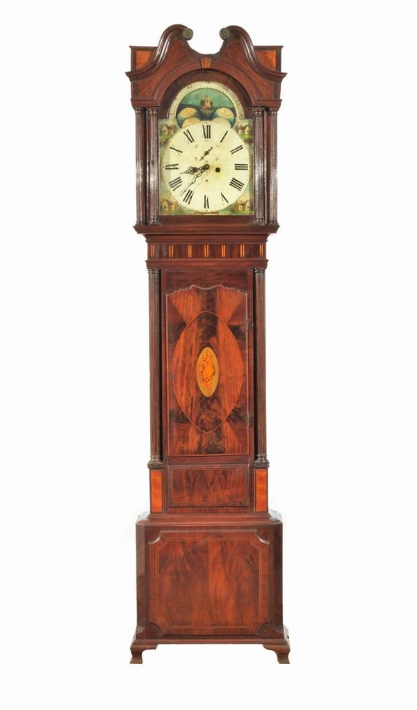 Antico orologio a torre Sheraton detto "Grandfather" in mogano e piuma di mogano
