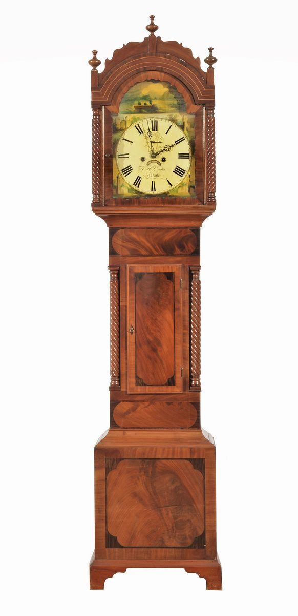 Antico orologio a torre detto "Grandfather" in mogano e piuma di mogano
