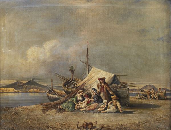 Giuseppe Carelli - &quot;Marina con il Golfo di Napoli, il Vesuvio ed il riposo dei pescatori&quot;. Firmato.