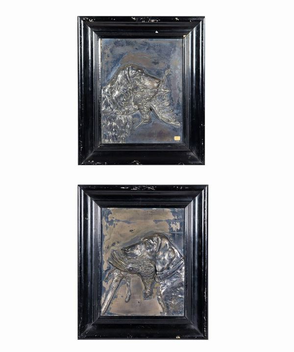 Pair of antique French high-reliefs "Hunting dogs with game" in patinated and bronzed metal. Signed