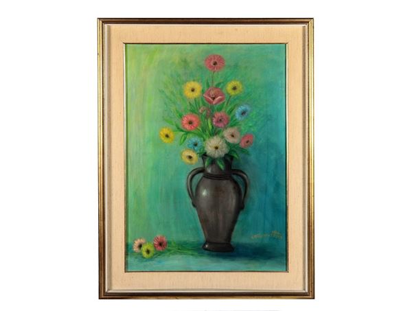 Carmelo Marotta - Signed. "Vase with bunch of flowers" oil painting on canvas