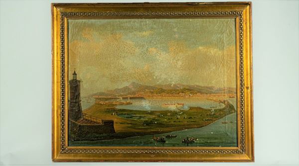 Pittore Italiano XIX Secolo - &quot;Marina con veduta di porto e barche di pescatori&quot;