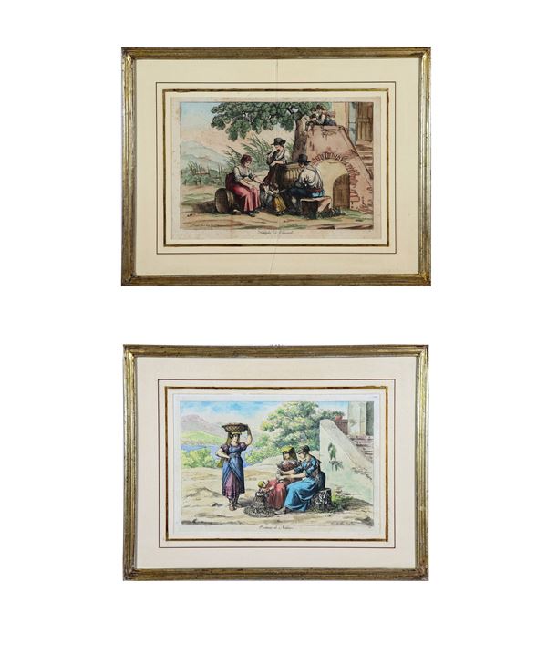 Pair of watercolor prints with Pinellian subjects "Family of vignaroli" and "Costumes of Neptune"