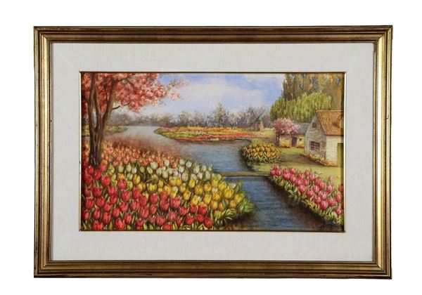 Pittore Olandese XX Secolo - Firmato. "Prati di tulipani fioriti con fiume e case contadine" acquarello su carta