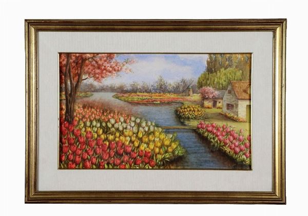 Pittore Olandese XX Secolo - Firmato. "Prati di tulipani fioriti con fiume e case contadine" acquarello su carta