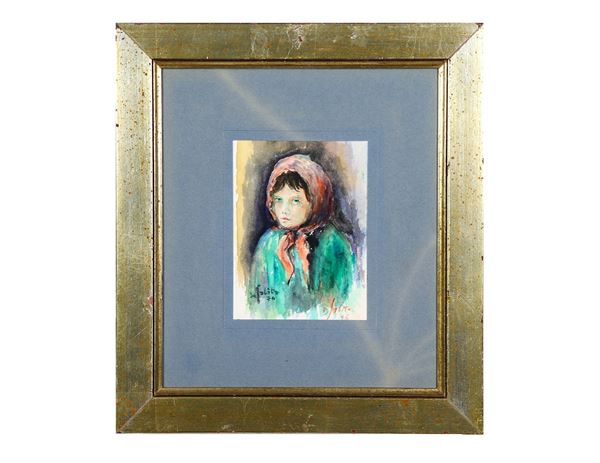 Damiano Solito - Signed and dated 1976. "Girl with handkerchief" small watercolor on paper