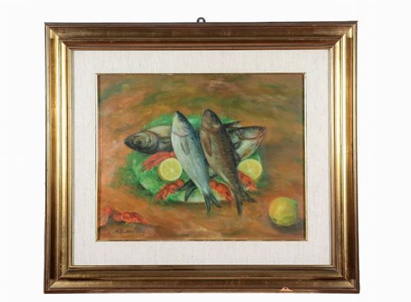 Carmelo Marotta - Firmato. 'Natura morta di pesci e crostacei' dipinto ad olio su tela