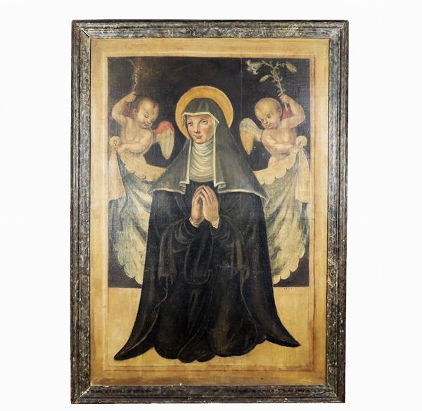 Scuola Italia Centrale Inizio XVII Secolo - "Santa with little angels" oil painting on canvas