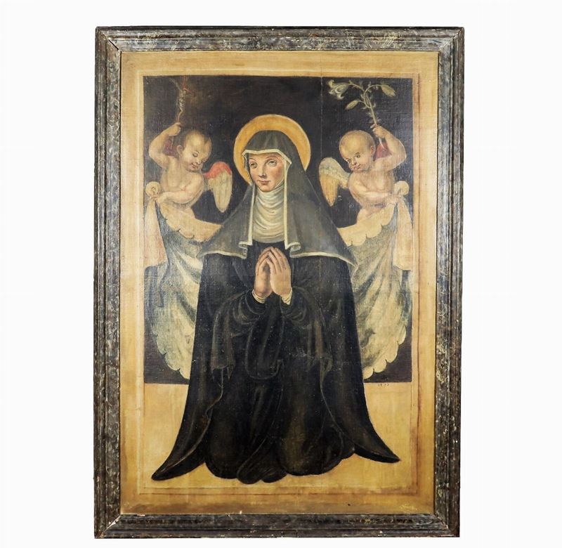 "Santa con angioletti" dipinto ad olio su tela