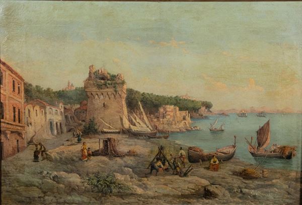 Pittore Italiano XIX Secolo - &quot;Marina with a view of the small port and boats with fishermen&quot;. Signed.