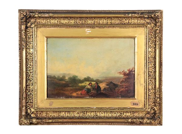 Pittore Italiano XIX Secolo - "Paesaggio con il riposo dei contadini" piccolo dipinto ad olio su cartone