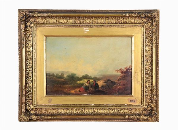 Pittore Italiano XIX Secolo - "Landscape with the rest of the peasants" small oil painting on cardboard