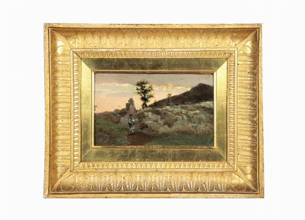 Pittore Italiano XIX Secolo - "Sunset in the Roman countryside and peasant" small oil painting on tablet