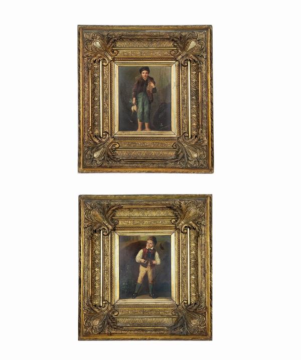 Pittore Inglese XIX Secolo - "Fanciulli" coppia di piccoli dipinti ad olio su cartoncino pressato rivestito con tela