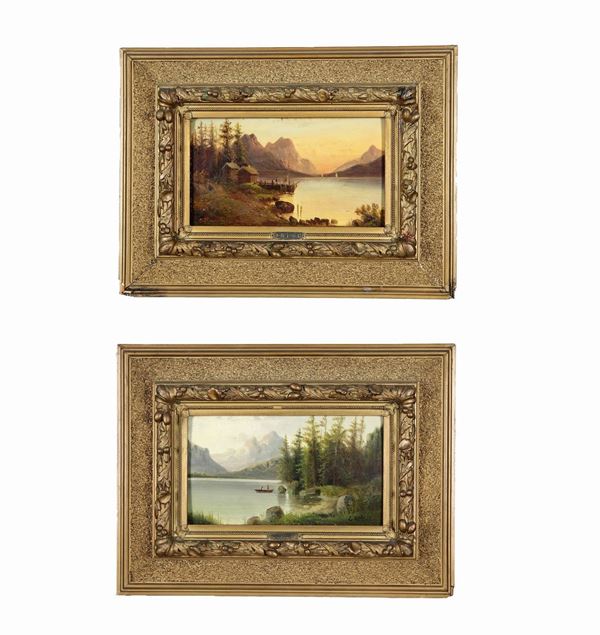 C. Rieder Pittore Austriaco XIX Secolo - Signed. 'Alpine landscapes with lakes and boats with fishermen' pair of small oil paintings on tablet