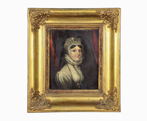 Pittore Inglese Inizio XIX Secolo - Firmato. "Ritratto di una Lady" antico piccolo dipinto ad olio su tavoletta