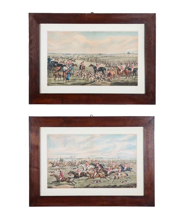 Pair of antique English colored prints "Fox hunting"