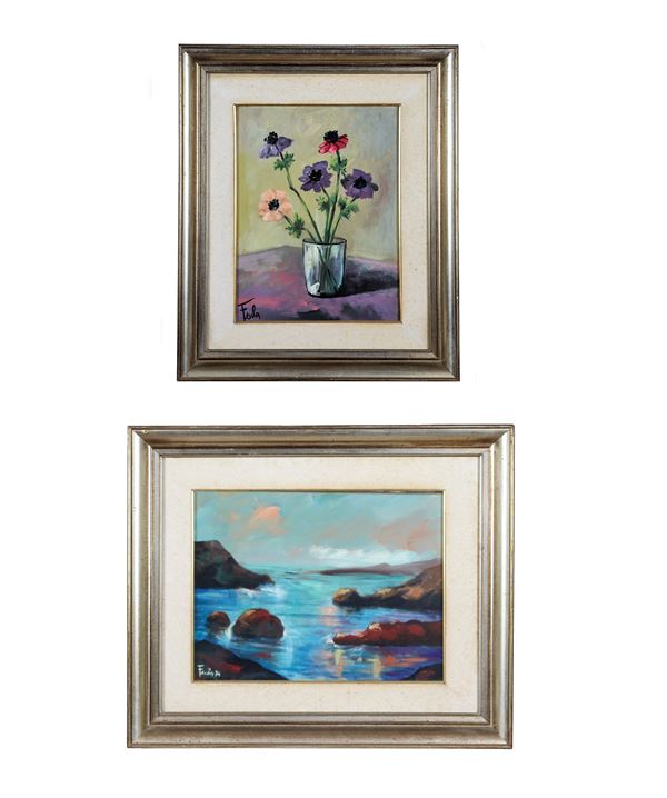 Alba Feula Peri - Signed. "Vase with anemones" and "Marina with rocks" lot of two oil paintings on canvas