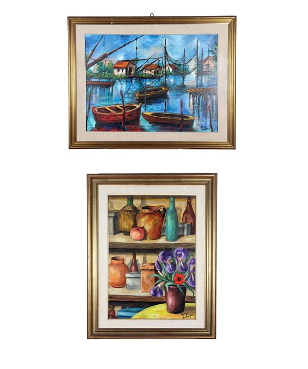 Alba Feula Peri - Signed. "Still life of bottles, jugs and vase with flowers" and "View of the lake of Massaciuccoli" lot of two oil paintings on canvas