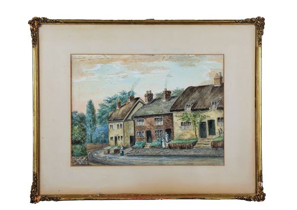 Pittore Inglese XIX Secolo - "Veduta di villaggio nella campagna inglese" luminoso acquarello su carta