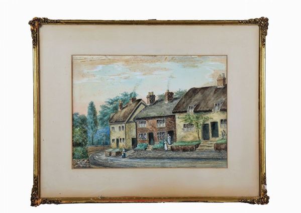 Pittore Inglese XIX Secolo - "Veduta di villaggio nella campagna inglese" luminoso acquarello su carta