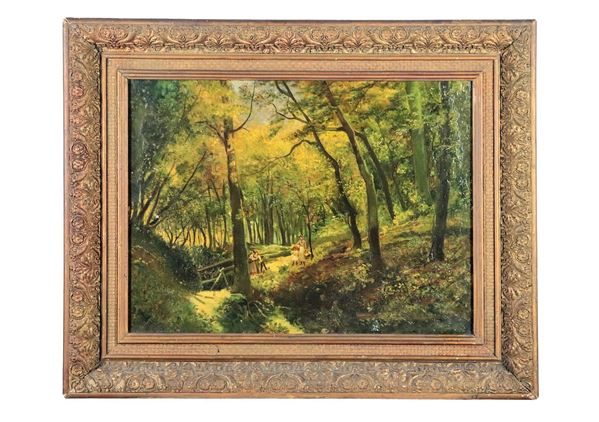 Pittore Inglese XIX Secolo - "Passeggiata nel bosco con mamma e figlioletti" dipinto ad olio su tela