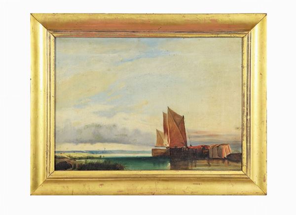 Pittore Francese XIX Secolo - "Barche di pescatori" piccolo dipinto ad olio su tela 