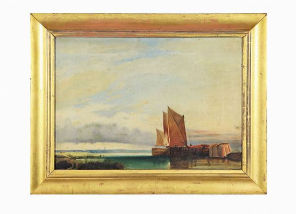 Pittore Francese XIX Secolo - "Fishing boats" small oil painting on canvas