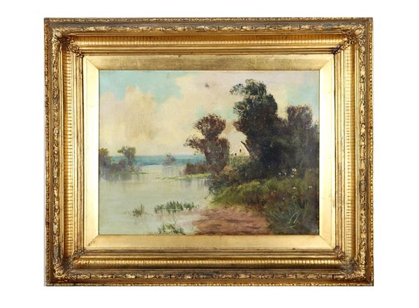 Pittore Francese XIX Secolo - "Landscape with pond and peasant house" oil painting on canvas