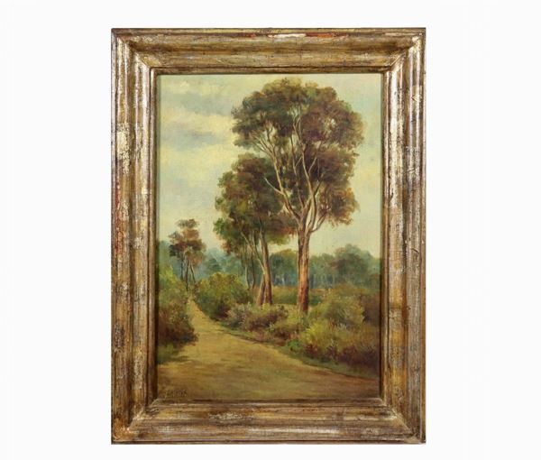 Pittore Inglese XIX Secolo - Signed. "Landscape with country lane and forest" oil painting on canvas