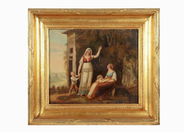 Pittore Italiano Neoclassico - "Game of mothers with children" small oil painting on canvas