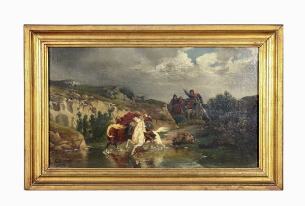 Pittore Francese XIX Secolo - Signed E. R. and dated 1877. "Battle scene" oil painting on canvas