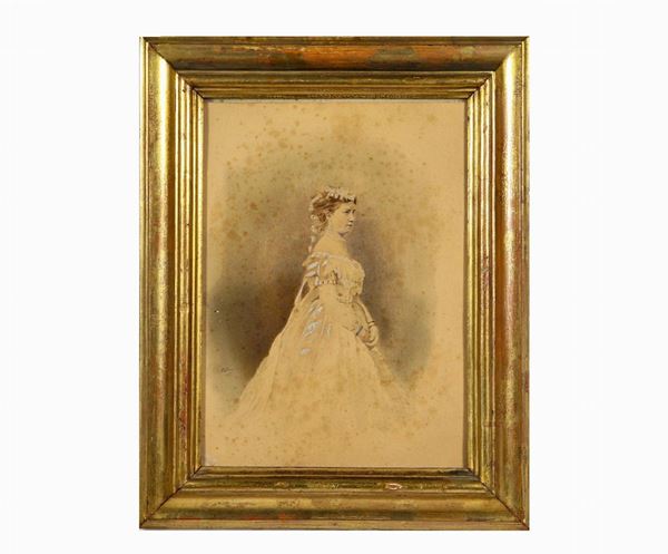 Pittore Inglese XIX Secolo - "Portrait of a young noblewoman" small drawing in watercolor, tempera and white lead on paper