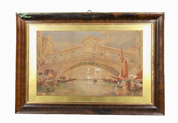 Pittore Italiano Fine XIX Secolo - 'Veduta di Venezia con il Ponte di Rialto' piacevole acquarello su carta