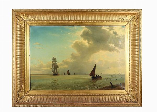 Willem Antonie Van Deventer - Signed. "Marina with sailing ships and fishing boats" oil painting on canvas