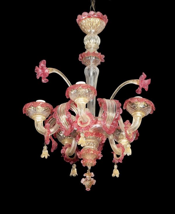 Small chandelier in transparent Murano blown glass and antique pink
