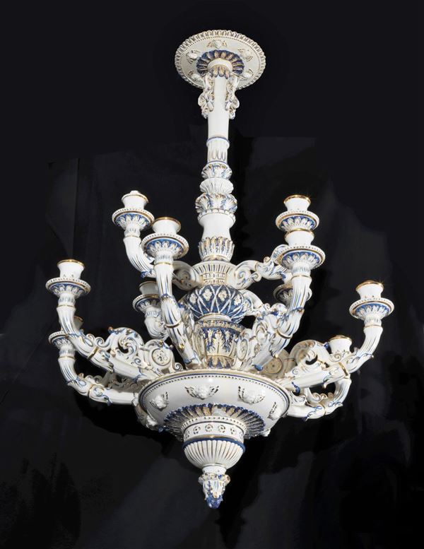 Chandelier in white, blue and gold porcelain