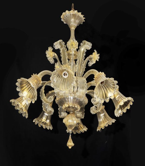 Lampadario in vetro soffiato di Murano trasparente con lumeggiature dorate