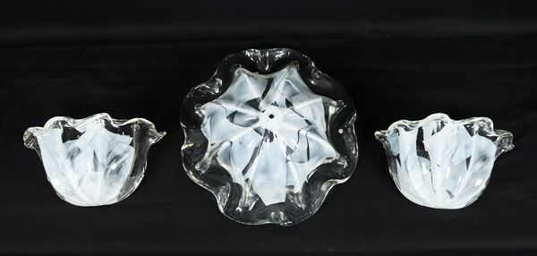 Ceiling lamp and two shell-shaped appliques in white and transparent Murano blown glass