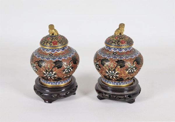Pair of small Chinese potiches in cloisonné enamel