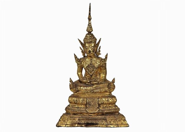 Scultura thailandese 'Divinità' in bronzo dorato